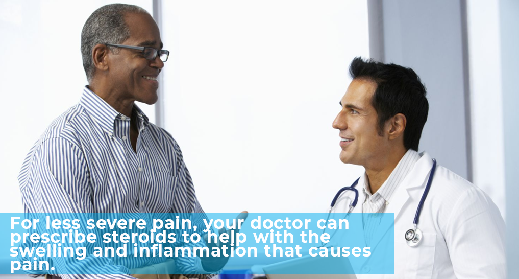 someone talking to a doctor - “For less severe pain, your doctor can prescribe steroids to help with the swelling and inflammation that causes pain.
